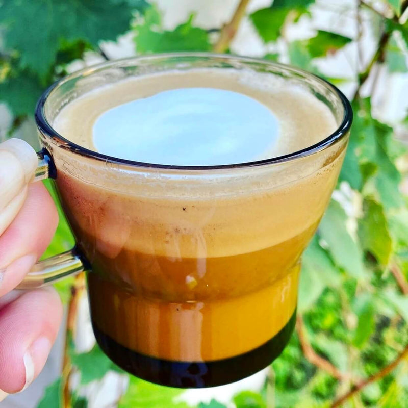 Customer photo: A hand holding a clear glass mug filled with layered coffee, topped with a dollop of milk foam, against a blurred background of green leaves.
